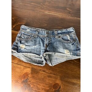 Vanity Kennedy Distressed Denim Micro Shorts Blue Low Rise Y2K Size 29